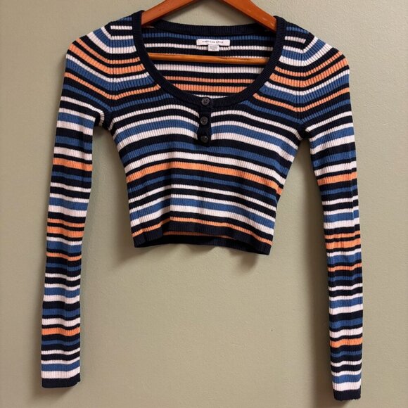 American Eagle Womens Long Sleeve Henley Size XS Striped Cropped Y2K 90's - Picture 1 of 10